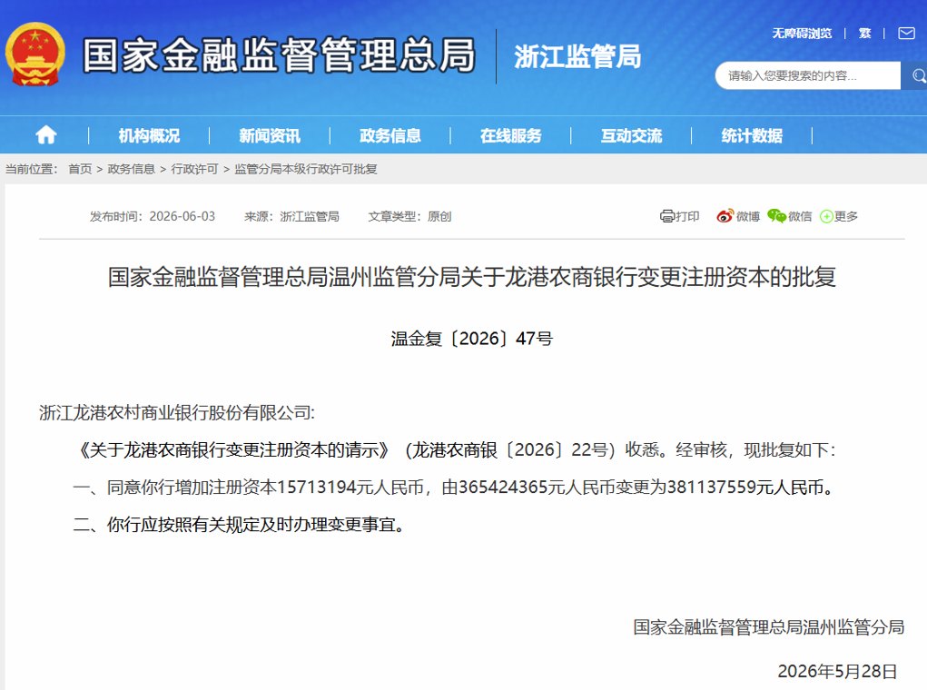 龙港农商银行：董事长任职获批、增资至3.81亿